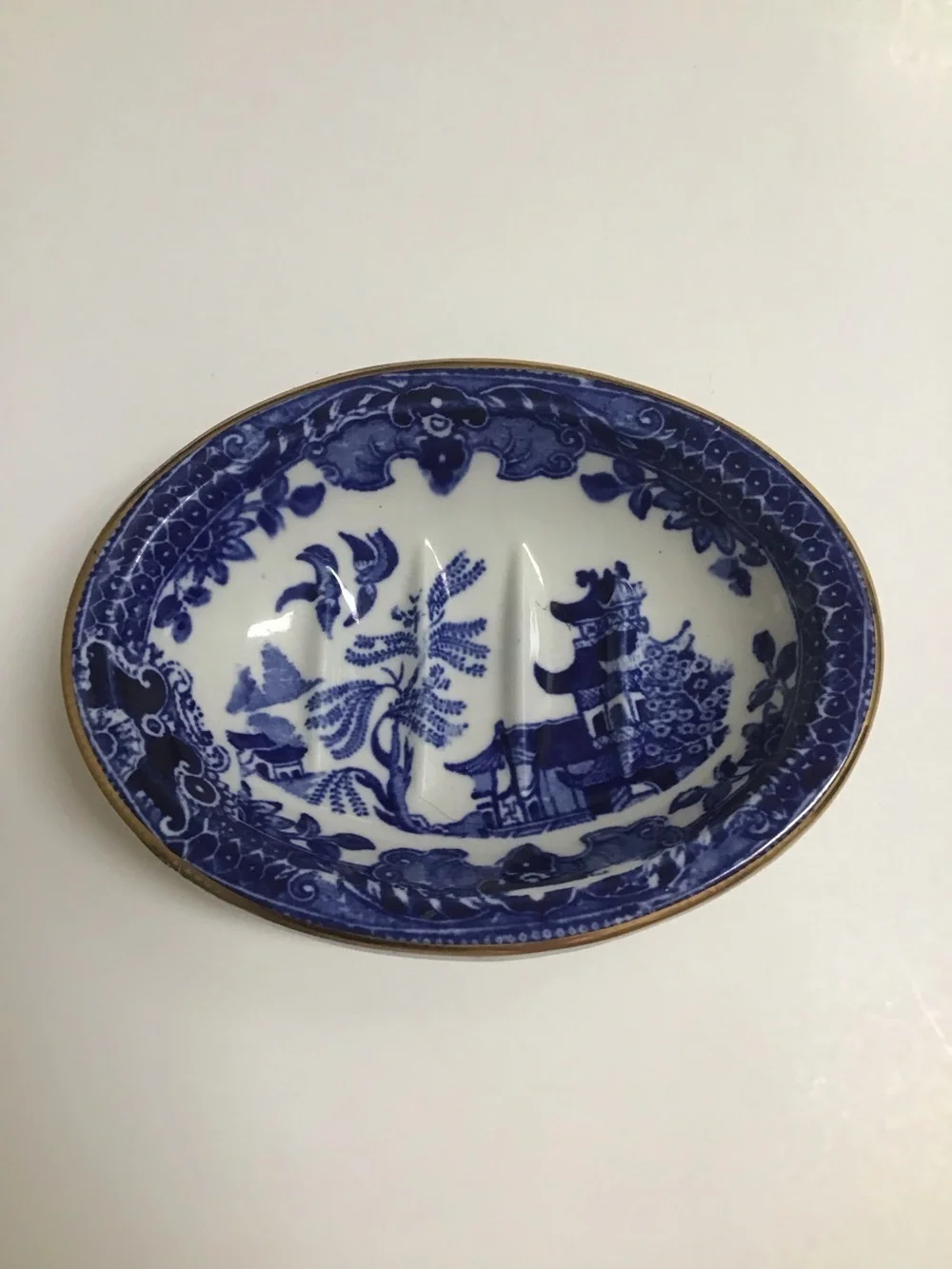 Blue Willow Antique 1920's England Burleigh Ware Oval Soap Dish Ridges Gold Rim